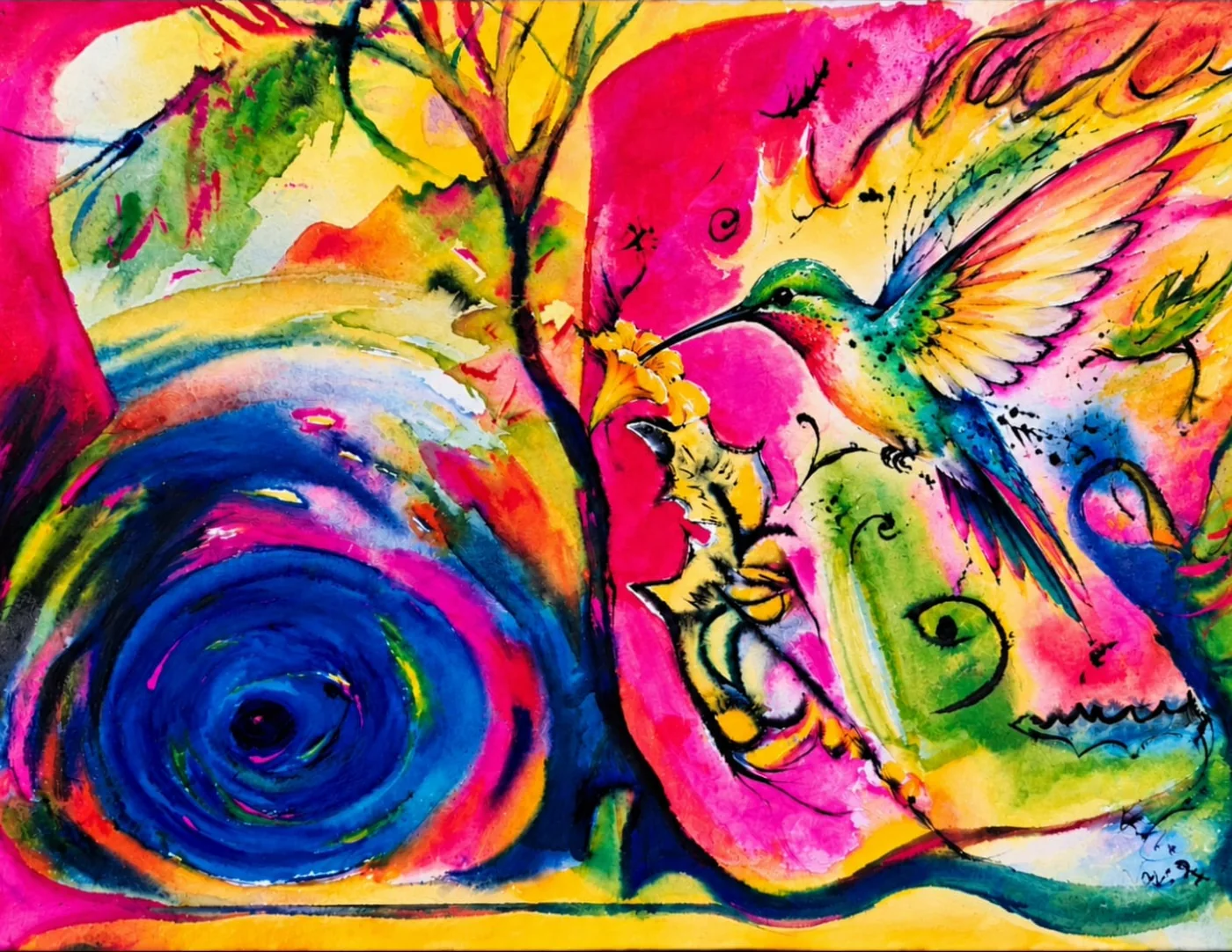 Farbenfrohes Gemälde von Katharina: ein Kolibri trinkt an einer gelben Blüte, daneben ein blauer Wirbel
